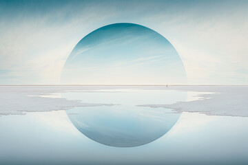 An abstract object surrounded by a white expanse of water.