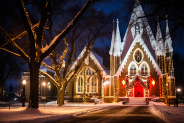 Obraz premium A church with christmas decorations in the snow at night