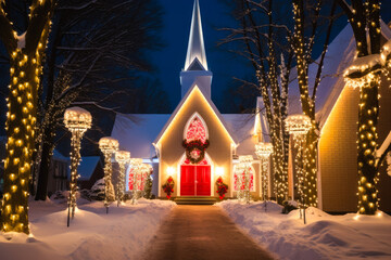 A church with christmas decorations in the snow at night