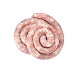 Raw homemade sausage on white background, top view