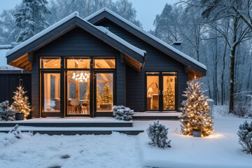 A modern house exterior with Christmas decorations in the snow, at night