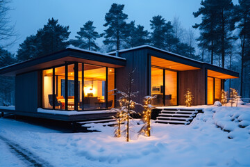 A modern house exterior with Christmas decorations in the snow, at night