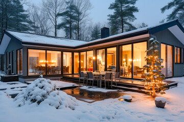 Fototapeta na wymiar A modern house exterior with Christmas decorations in the snow, at night