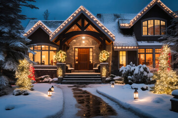 Fototapeta premium A traditional house exterior with Christmas decorations in the snow, at night