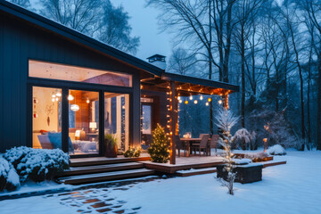 Fototapeta premium A modern house exterior with Christmas decorations in the snow, at night