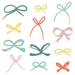 Doodle Bow Set. Color Ribbon collection. Cute graphic elements for Christmas, new year, birthday celebration design. Kids cozy hand drawn cartoon vector illustration isolated on white background - obrazy, fototapety, plakaty