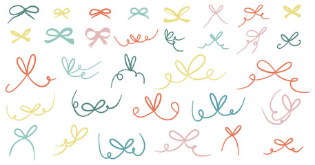 Doodle Bow Set. Color Ribbon collection. Cute graphic elements for Christmas, new year, birthday celebration design. Kids cozy hand drawn cartoon vector illustration isolated on white background