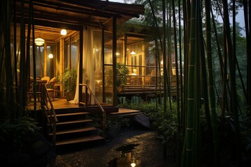 Enchanting bamboo getaway bathed in gentle filtered illumination. Generative AI