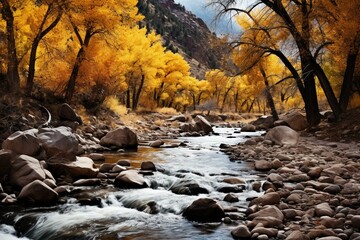 Autumnal cottonwood canyon with a flowing stream. Generative AI - obrazy, fototapety, plakaty