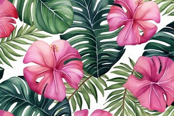 Pattern with watercolor monstera leaves and pink flowers. Generative AI