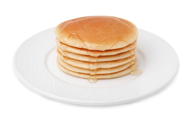 Delicious pancakes with honey isolated on white