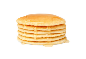 Stack of tasty pancakes with honey isolated on white