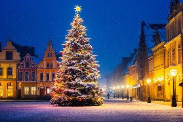 Beautiful Christmas tree in a town square at night