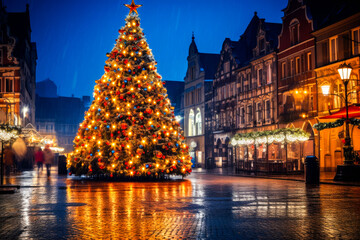 Fototapeta premium Beautiful Christmas tree in a town square at night