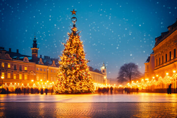 Fototapeta na wymiar Beautiful Christmas tree in a town square at night