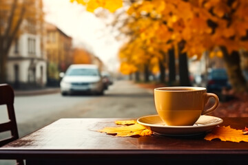 Naklejka na ściany i meble A view of a cup of coffee on cafe table, with street and fall autumn leaves in the background