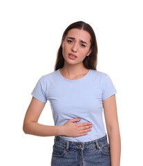 Obraz premium Woman suffering from abdominal pain on white background. Unhealthy stomach