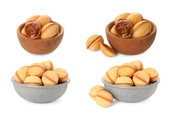 Delicious nut shaped cookies with caramelized condensed milk isolated on white, collage design