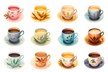 Artistic Collection of Watercolor Tea and Coffee Cups on Transparent Background