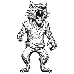 Haunting Hand-Drawn Werewolf Reflection in Monochrome