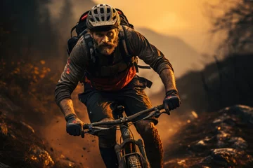 Tuinposter Cyclist conquering challenging mountain trails © furyon