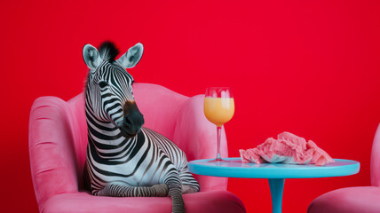 Portrait of a fun zebra dressed as a human, sitting in a chair at a birthday celebration and sipping a glass of wine. This image combines elements of humor, fantasy, and celebration