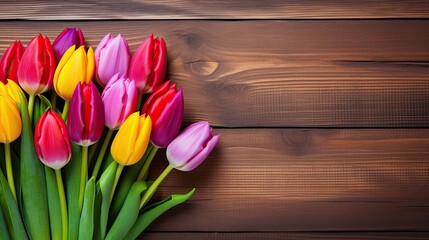 Colorful tulips bouquet in front of wooden background