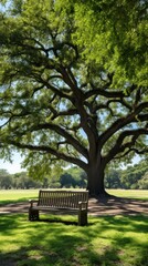 A park bench nestled under the shade of towerin UHD wallpaper Stock Photographic Image