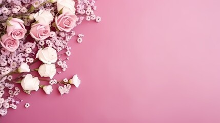 Flowers composition Rose and gypsophila flowers on a pink background - obrazy, fototapety, plakaty