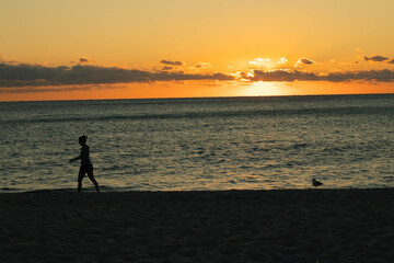 Fototapeta premium Silhouettes of people walking at sunrise in miami south beach florida