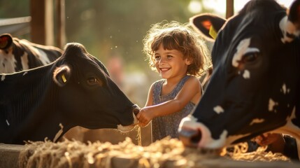 Children feed the cows, children are happy at the dairy cow farm - obrazy, fototapety, plakaty