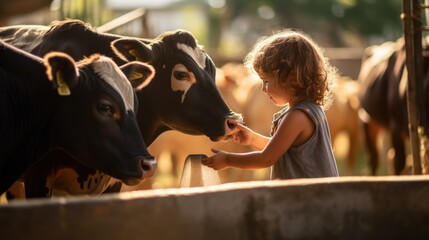 Children feed the cows, children are happy at the dairy cow farm	 - obrazy, fototapety, plakaty