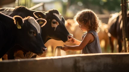 Fototapeten Children feed the cows, children are happy at the dairy cow farm  © CStock