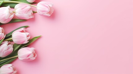 Fototapeta na wymiar Fresh light peony tulips on pastel pink background