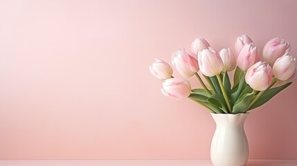 Fototapeta premium Fresh light peony tulips on pastel pink background