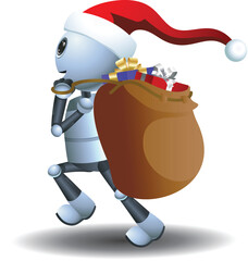 3D illustration of a little robot cost play as a Santa Claus carry present bag on isolated white background