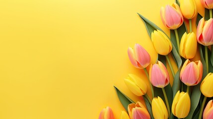 Many beautiful tulips on yellow background
