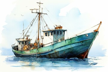 Naklejka na ściany i meble Illustration of fishing boat painted in watercolors. Generative AI