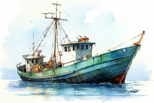 Illustration of fishing boat painted in watercolors. Generative AI