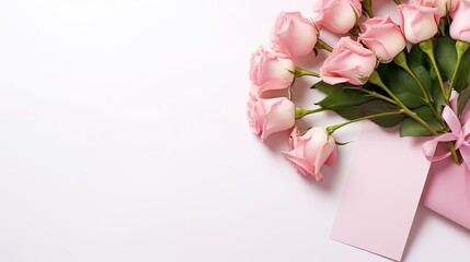 Paper card between light pink roses and gift on light pink background