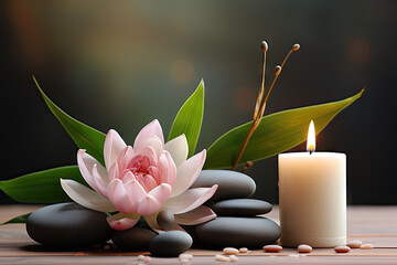 zen stones with candle and lotus flower, generative ai