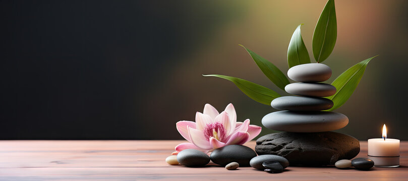 zen stones with candle and lotus flower, generative ai