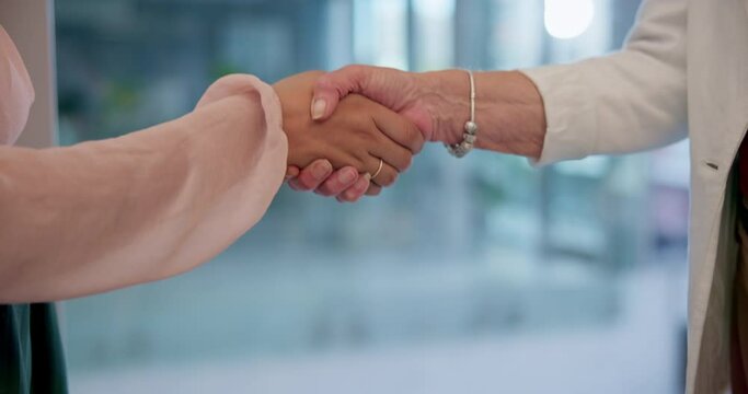 Business people, handshake and meeting in partnership, b2b or agreement for deal at office. Closeup of employees shaking hands for teamwork, unity or introduction in hiring or recruiting at workplace