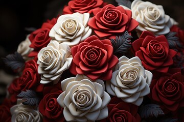 Intertwined roses of red and white symbolizing united love.