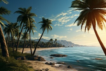 A beautiful view of the ocean and tall palm trees. Generative AI