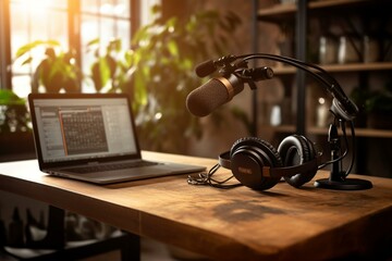 Workspace for podcasting and streaming content creation with microphone, laptop, and headphones. Generative AI - obrazy, fototapety, plakaty