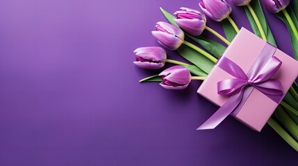 Spring purple tulip bouquet and gift box present