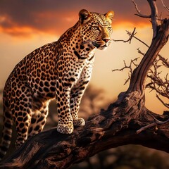 A leopard targets prey in a dry tree, with a twilight background. generative ai