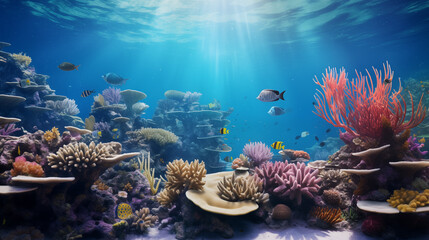 beautiful underwater scenery with various types of fish and coral reefs - obrazy, fototapety, plakaty