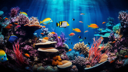 beautiful underwater scenery with various types of fish and coral reefs - obrazy, fototapety, plakaty